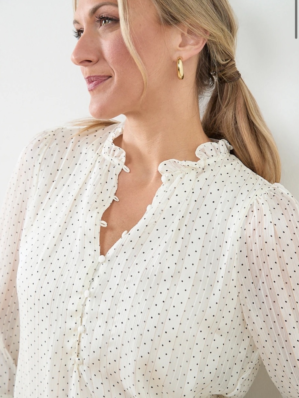 Ivory Polka Dot Ruffle-Neck Blouse - Picture 2 of 5